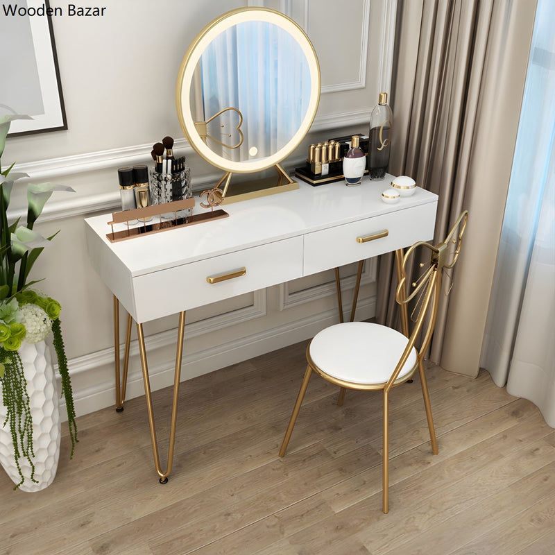 Contemporary Wooden White Vanity Dressing Table with Drawers & Mirror & Stools - Wooden Bazar