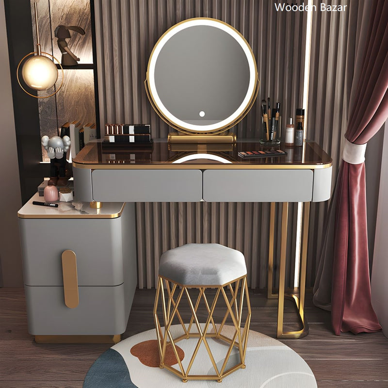 Contemporary Glass Vanity Dressing Table Bedroom Makeup Vanity Desk With Mirror & Chair - Wooden Bazar