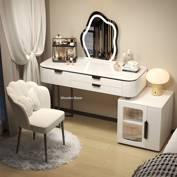 Contemporary Stone Top Vanity Table Set with Mirror and Stool Glam Slate Dressing Table - Wooden Bazar