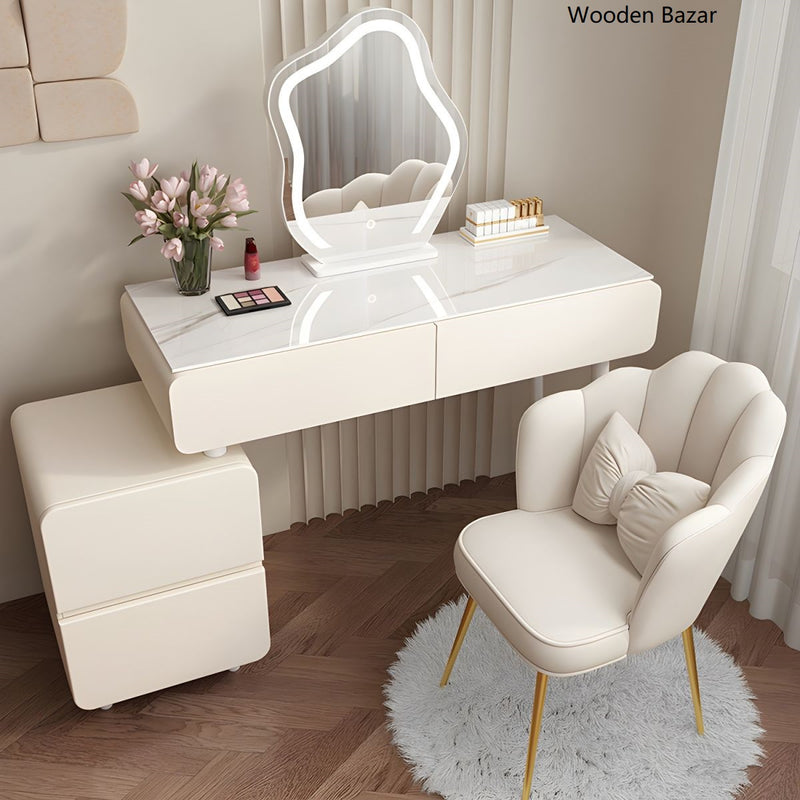 Contemporary Stone Top Vanity Dressing Table Bedroom Make-up Vanity With Mirror & Chair - Wooden Bazar