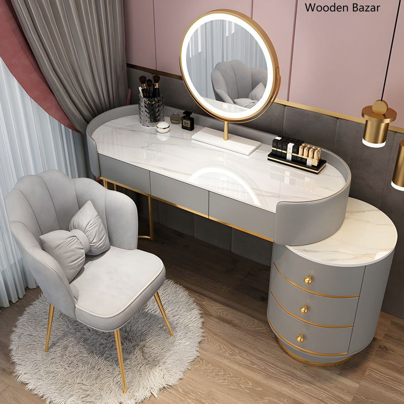 Contemporary Bedroom Metallic Lighted Mirror With Drawer Makeup Vanity Set With Mirror & Chair - Wooden Bazar