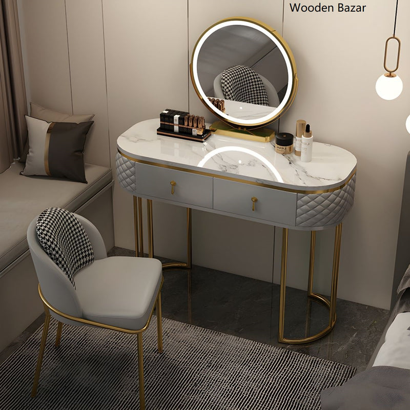 Luxurious Metal Make-up Vanity Stone Top Dressing Table Stool Set with Lighted Mirror - Wooden Bazar
