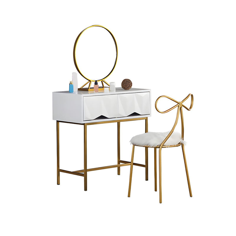 Wood/Iron Vanity Table in White Glam 31.5" H Dressing Table with Mirror and Stool - Vanity - Wooden Bazar