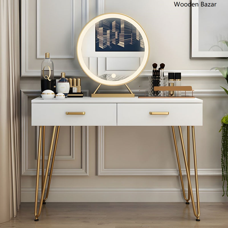 Contemporary Wooden White Vanity Dressing Table with Drawers & Mirror & Stools - Wooden Bazar