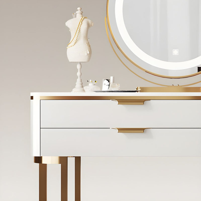 Stone Vanity Table Set with Drawers Dressing Table Glam Dressing Table With Mirro & Stool - Wooden Bazar