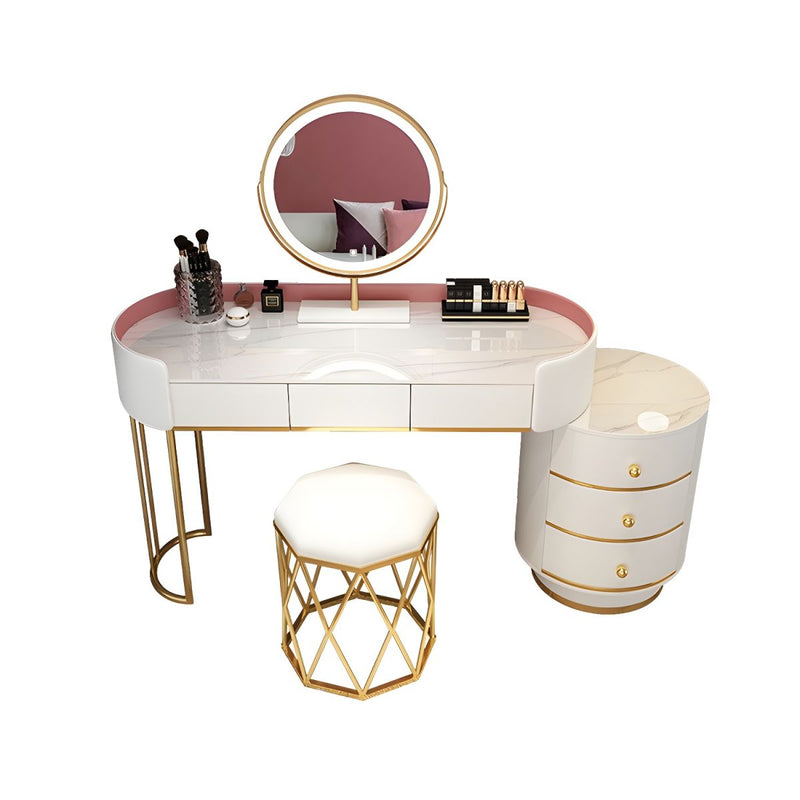 Contemporary Bedroom Metallic Lighted Mirror With Drawer Makeup Vanity Set With Mirror & Chair - Wooden Bazar