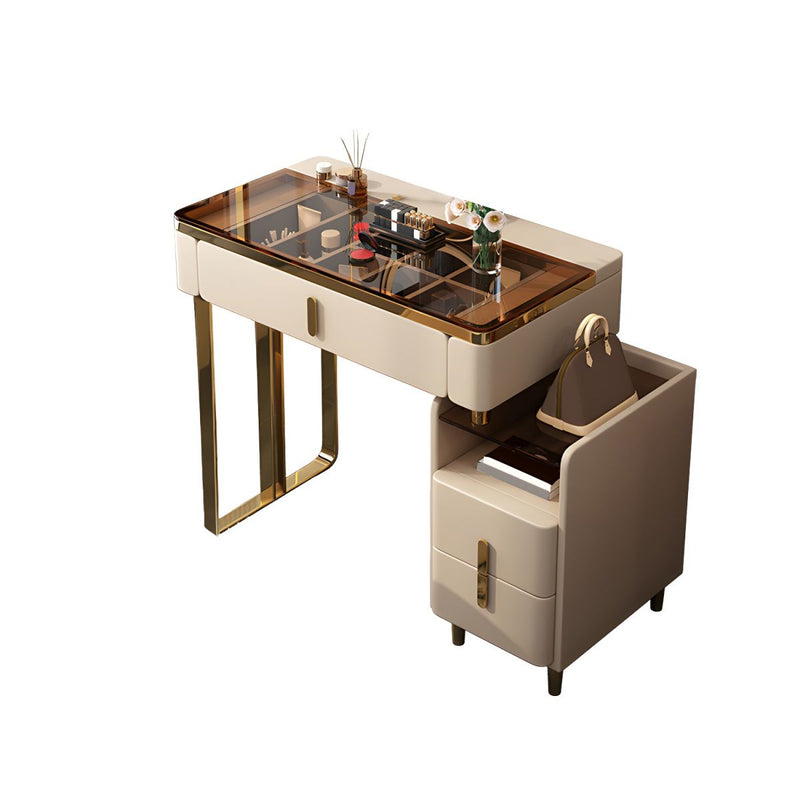 Modern Brown Glass Vanity Table with Stool Drawers Included Dressing Table - Wooden Bazar
