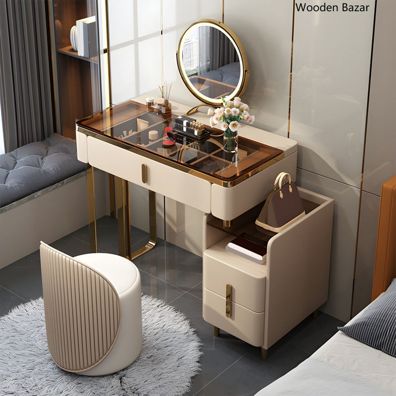 Modern Brown Glass Vanity Table with Stool Drawers Included Dressing Table - Wooden Bazar
