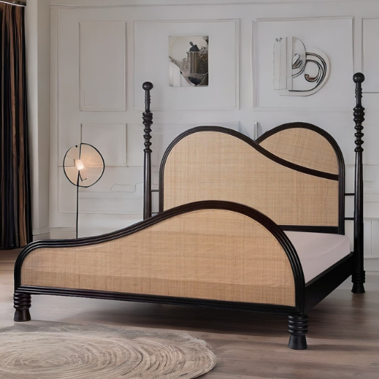 Ayurlop Wooden Modern Traditional Bed In Black Finish With Cane - Wooden Bazar