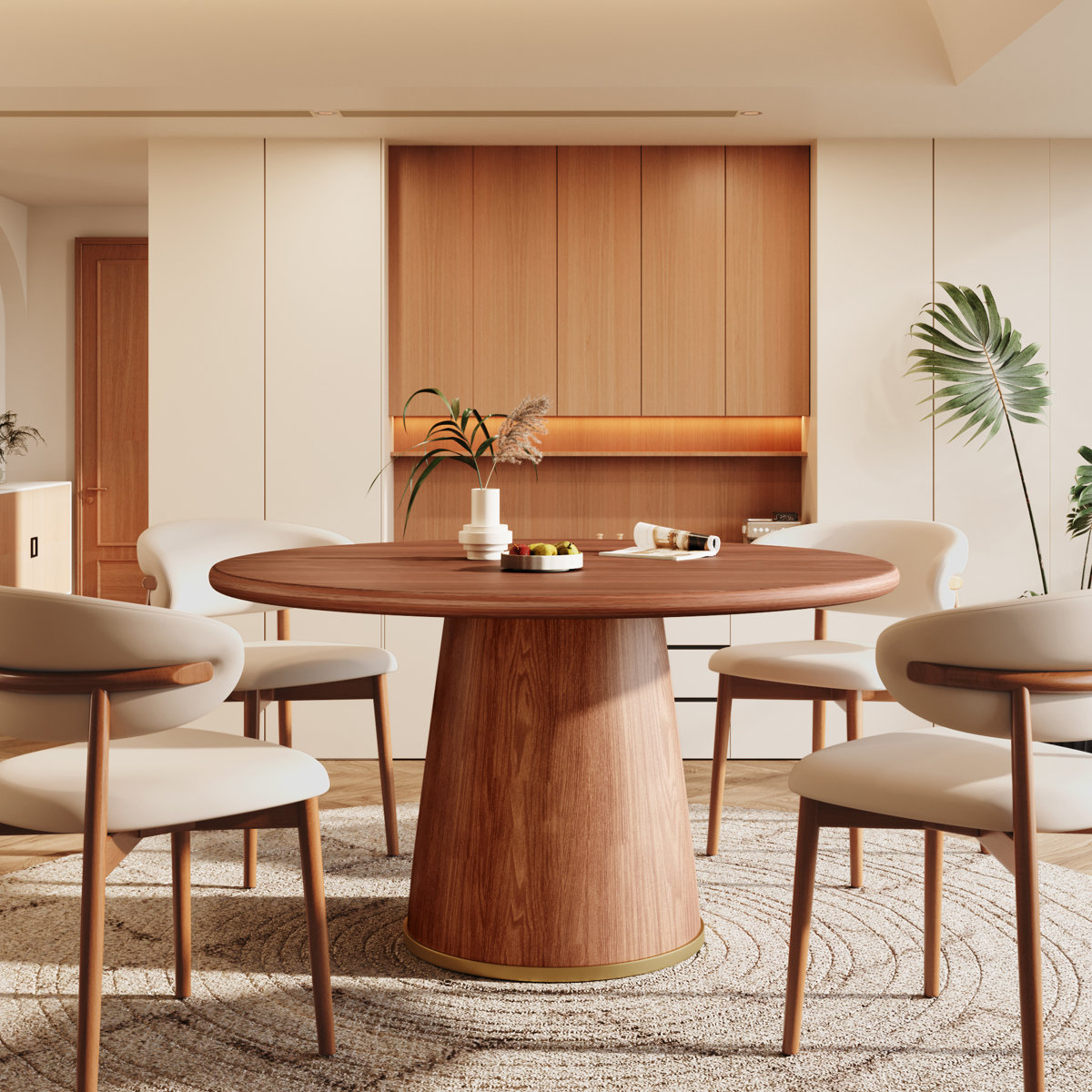 Modern Walnut Round Dining Set – 5-Piece