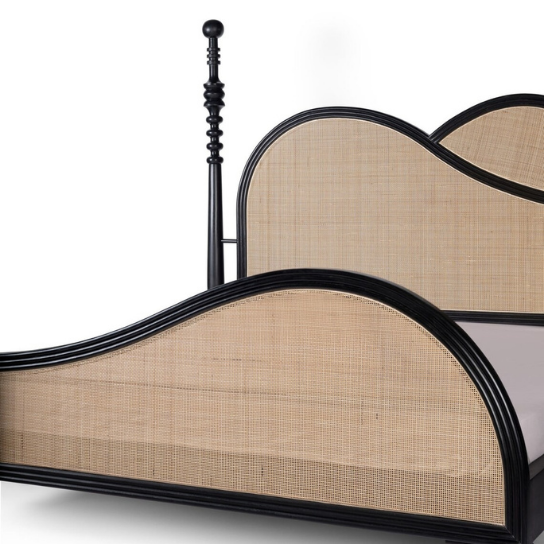 Ayurlop Wooden Modern Traditional Bed In Black Finish With Cane - Wooden Bazar