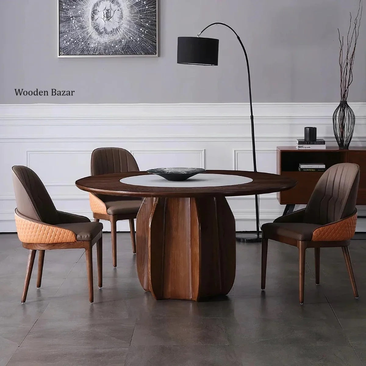Wooden Dining Table With Marble Top and Walnut Finish - Wooden Bazar