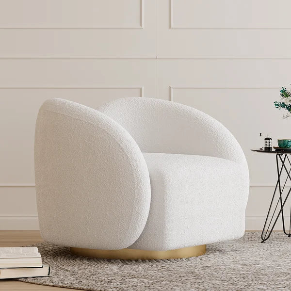 Modern White Swivel Accent Chair Cloud Boucle Lounge Chair - Wooden Ba