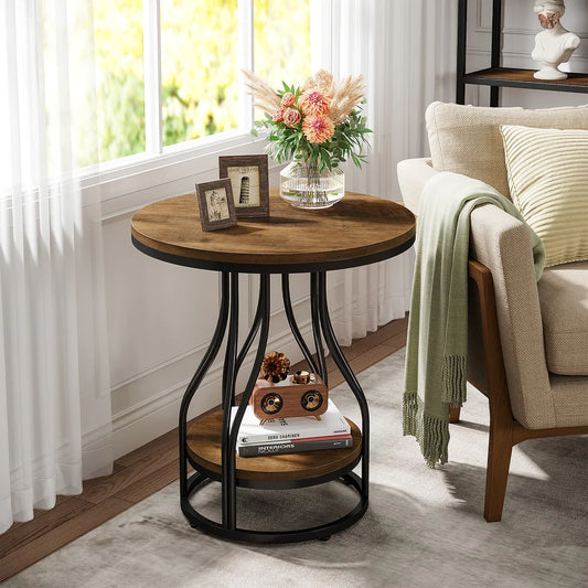 Rollix 2-Tier Faux Marble Round End Side Table with Stylish Metal Frame