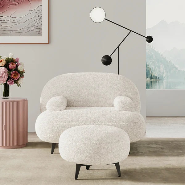 Modern White Cream Boucle Accent Chair with Pouf Ottoman Set Lounge Chair with Footstool - Wooden Bazar