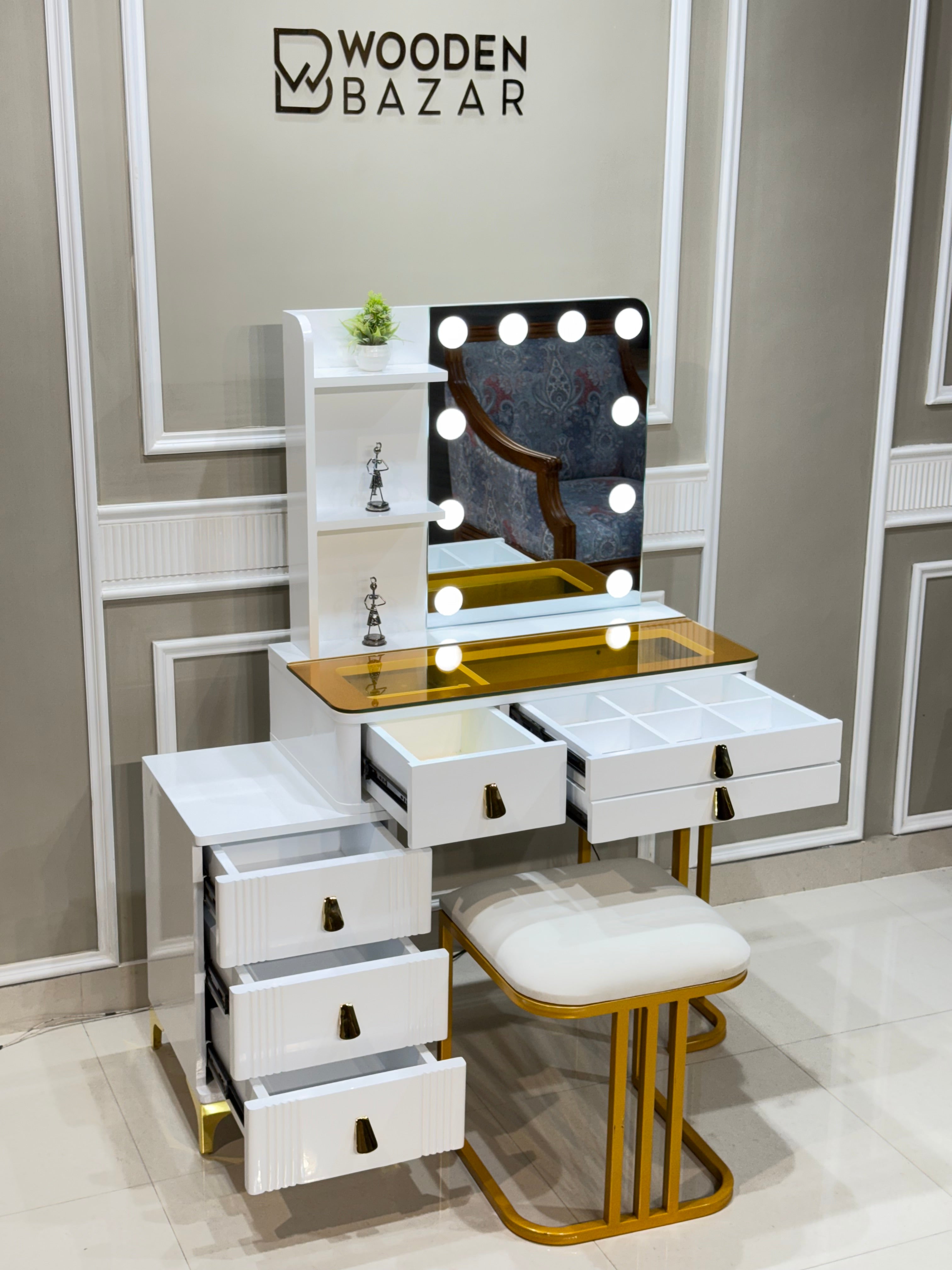 Makeup Vanity with Dressing Table With Stool & Mirror 3 Lighting Colors - Wooden Bazar