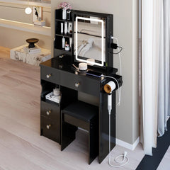 29.2" Bedside Vanity Table with LED Mirror, Power Station, Stool & Hair Dryer Holder