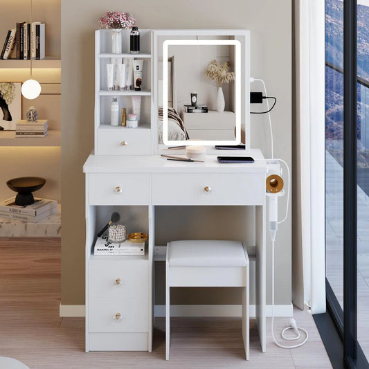 29.2" Bedside Vanity Table with LED Mirror, Power Station, Stool & Hair Dryer Holder