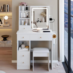 29.2" Bedside Vanity Table with LED Mirror, Power Station, Stool & Hair Dryer Holder