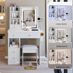 29.2" Bedside Vanity Table with LED Mirror, Power Station, Stool & Hair Dryer Holder