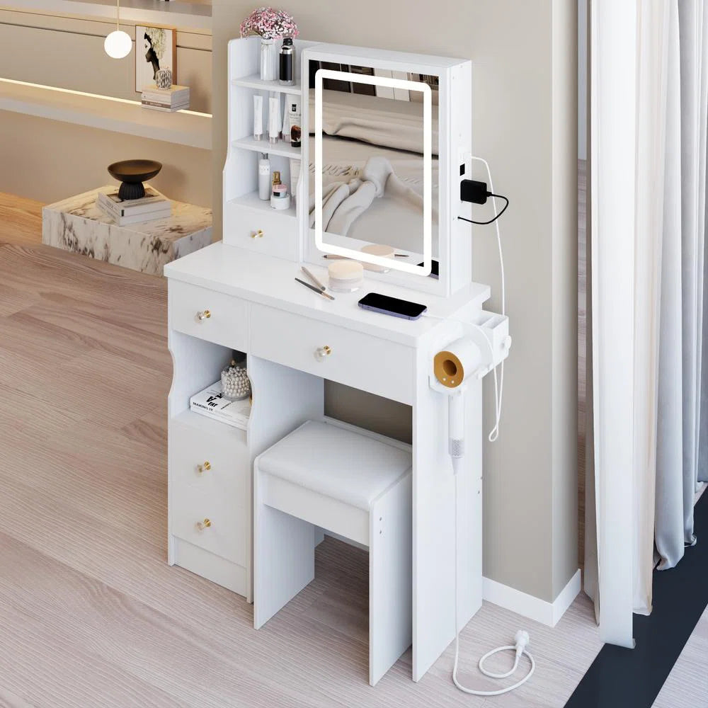 29.2" Bedside Vanity Table with LED Mirror, Power Station, Stool & Hair Dryer Holder
