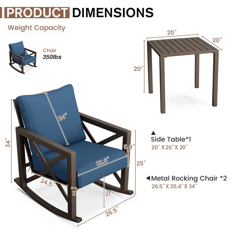 Gagneja 3-piece Outdoor Rocking Chair with Cushions - Wooden Bazar