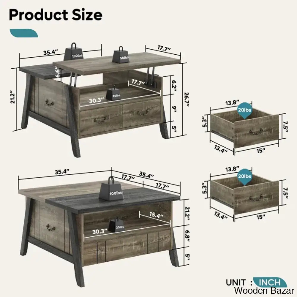 35.4’’ Liftly Top Coffee And Center Table With 2 Storage Drawers