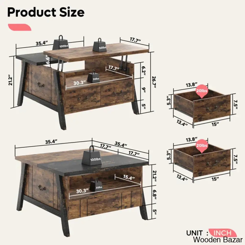 35.4’’ Liftly Top Coffee And Center Table With 2 Storage Drawers