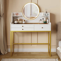 Armaalis White Makeup Vanity With LED Round Mirror And Outlet