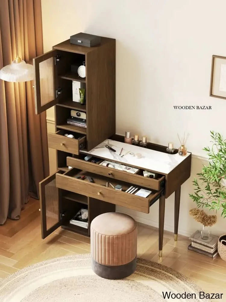 37.4’’ Adjustable Makeup Vanity Dressing Table With Stool Brown