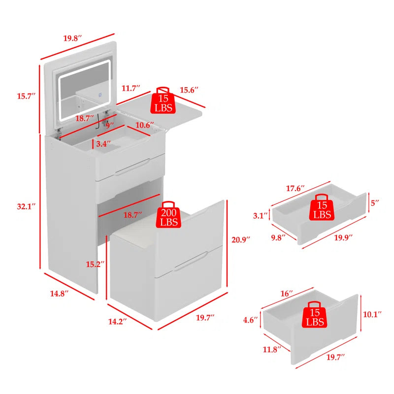 Julet 3 In 1 Vanity Desk With Flip Top Mirror And Foldable Sidetable