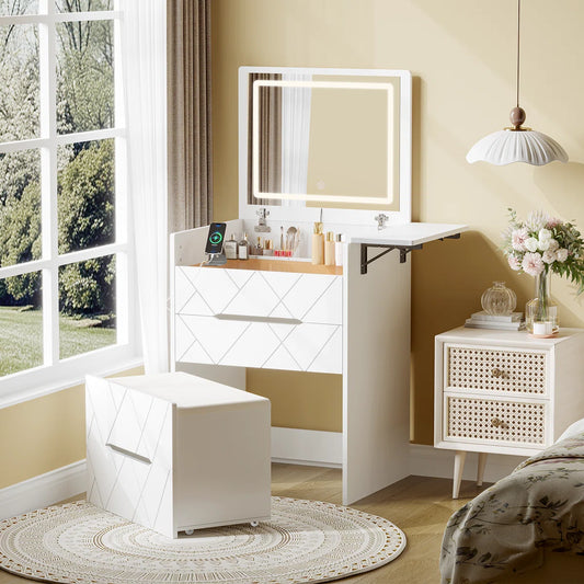 3 in 1 Vanity Desk with Flip-up 3 Colors Lighting Mirror, Small Makeup Vanity Set