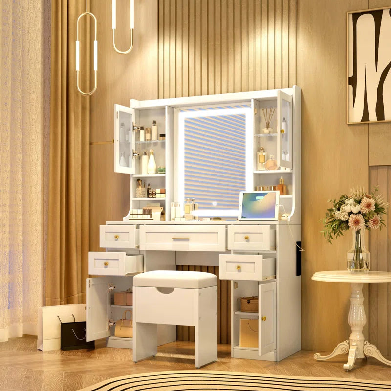 Valesper White Vanity Desk with Mirror Lights 5 Drawers 4 Cabinets Charging Station and Cushioned Stool