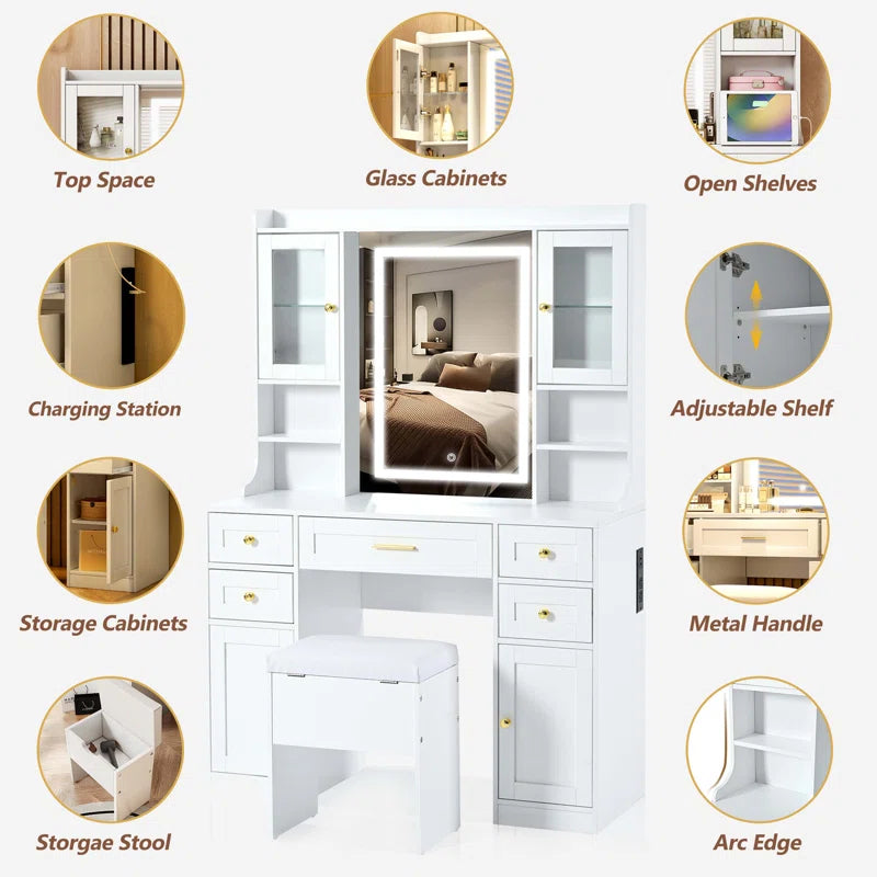 Valesper White Vanity Desk with Mirror Lights 5 Drawers 4 Cabinets Charging Station and Cushioned Stool