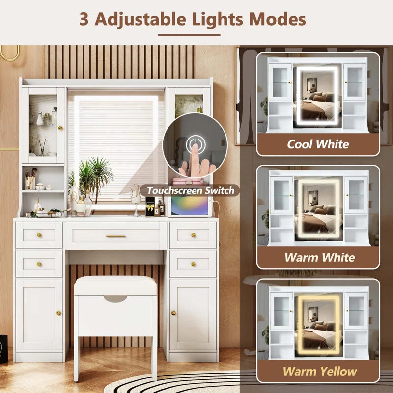 Valesper White Vanity Desk with Mirror Lights 5 Drawers 4 Cabinets Charging Station and Cushioned Stool