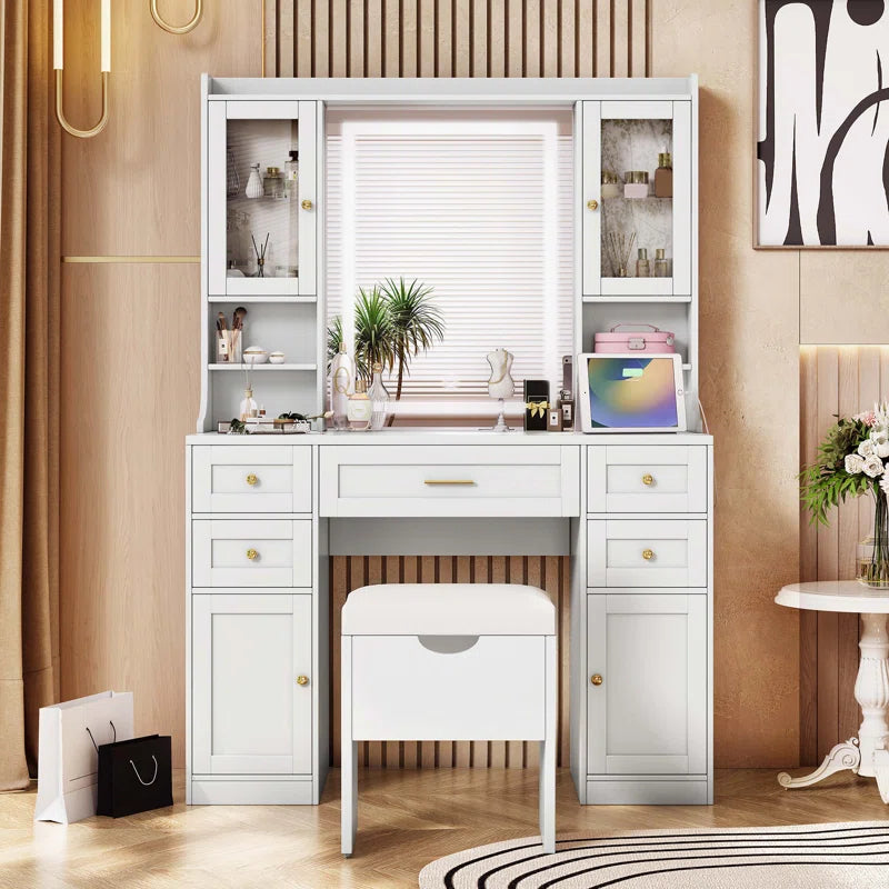 Valesper White Vanity Desk with Mirror Lights 5 Drawers 4 Cabinets Charging Station and Cushioned Stool
