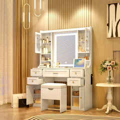 Valesper White Vanity Desk with Mirror Lights 5 Drawers 4 Cabinets Charging Station and Cushioned Stool