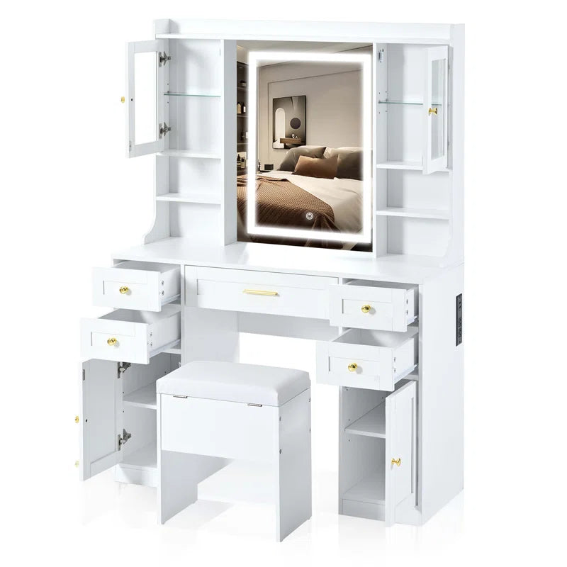 Valesper White Vanity Desk with Mirror Lights 5 Drawers 4 Cabinets Charging Station and Cushioned Stool