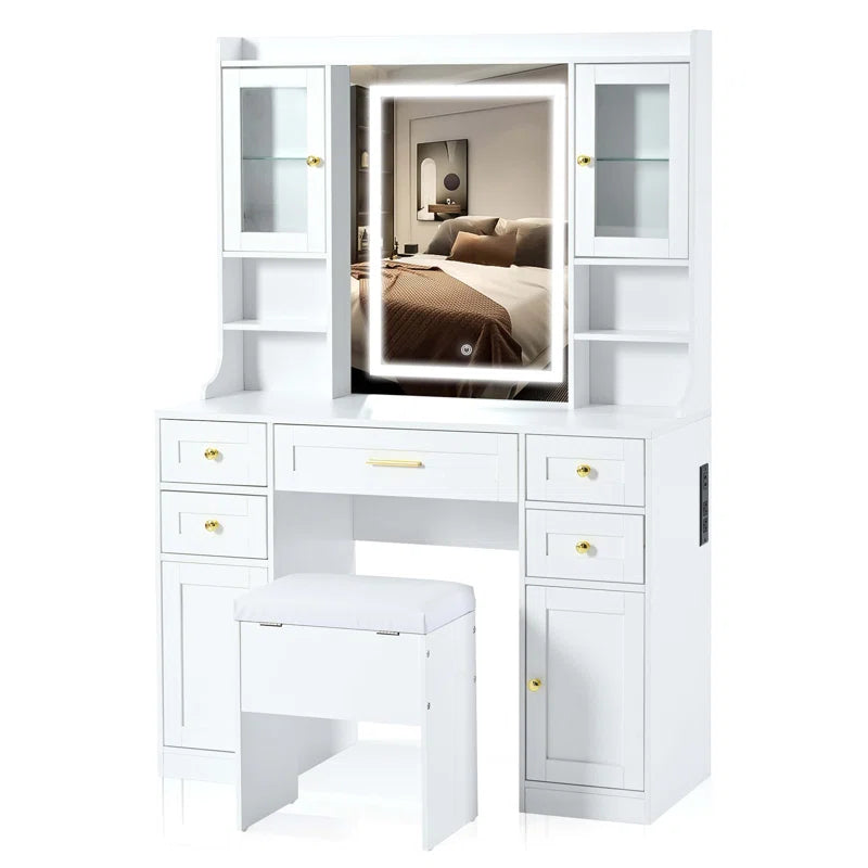 Valesper White Vanity Desk with Mirror Lights 5 Drawers 4 Cabinets Charging Station and Cushioned Stool