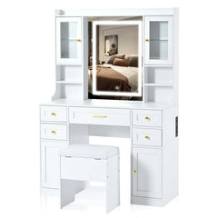 Valesper White Vanity Desk with Mirror Lights 5 Drawers 4 Cabinets Charging Station and Cushioned Stool