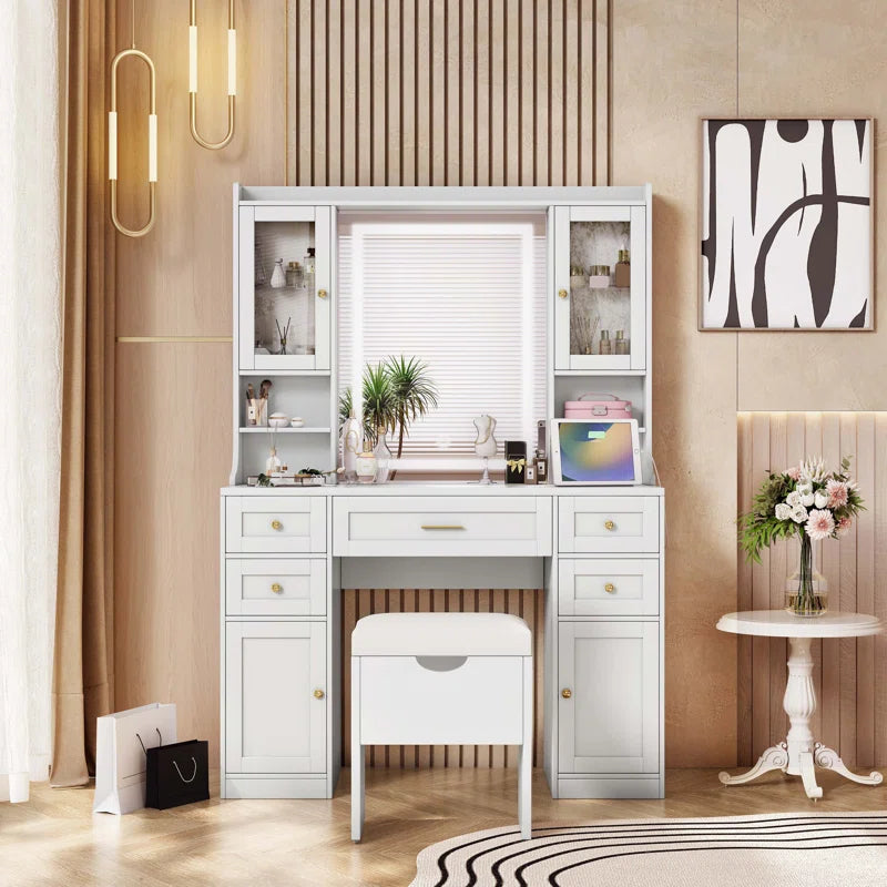 Valesper White Vanity Desk with Mirror Lights 5 Drawers 4 Cabinets Charging Station and Cushioned Stool
