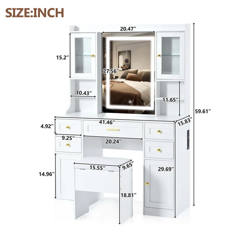 Valesper White Vanity Desk with Mirror Lights 5 Drawers 4 Cabinets Charging Station and Cushioned Stool