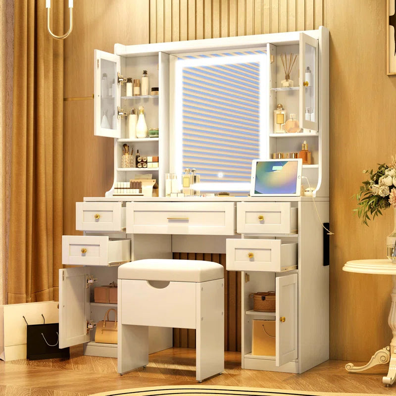 Valesper White Vanity Desk with Mirror Lights 5 Drawers 4 Cabinets Charging Station and Cushioned Stool