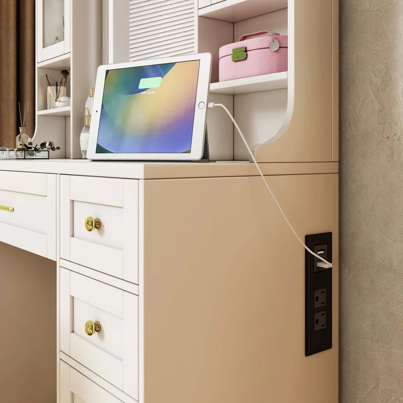 Valesper White Vanity Desk with Mirror Lights 5 Drawers 4 Cabinets Charging Station and Cushioned Stool