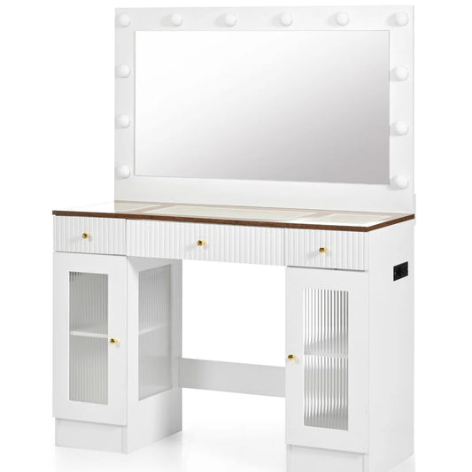 43.3" White Vanity Desk with Large LED Mirror, RGB Cabinets, Glass Top & Power Outlet