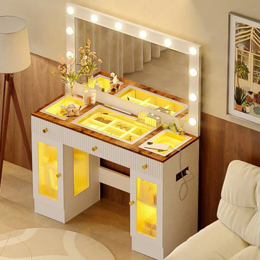 43.3" White Vanity Desk with Large LED Mirror, RGB Cabinets, Glass Top & Power Outlet