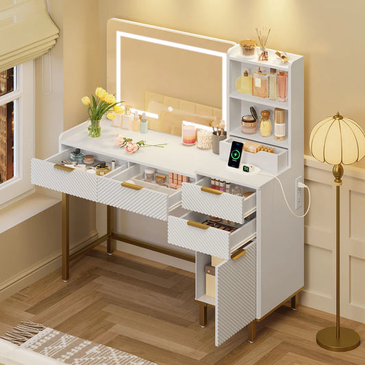 45.3" Modern Vanity Desk with LED Mirror, Power Outlet, Cabinet & 4 Drawers