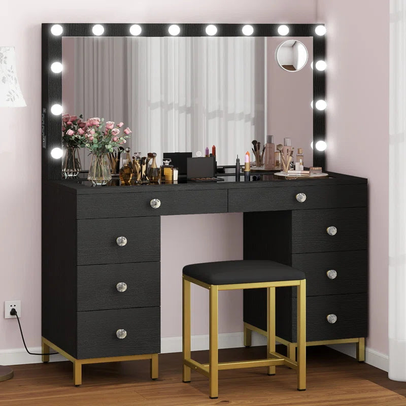 Wiolered Vanity Table Set With Lighted Mirror & Charging Station & Stool