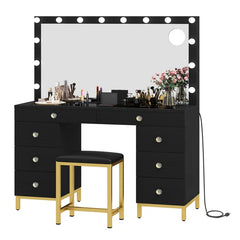 Wiolered Vanity Table Set With Lighted Mirror & Charging Station & Stool