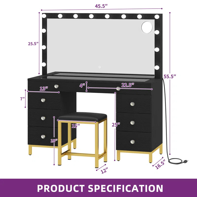 Wiolered Vanity Table Set With Lighted Mirror & Charging Station & Stool